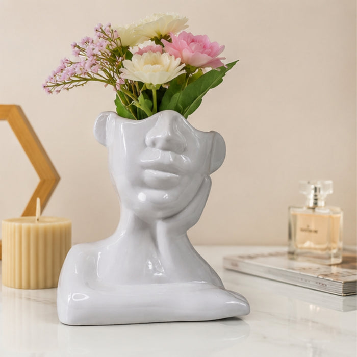 Ceramic Face Vase White Flower Vase for Decor Female Form Face Vase Art Vase -01