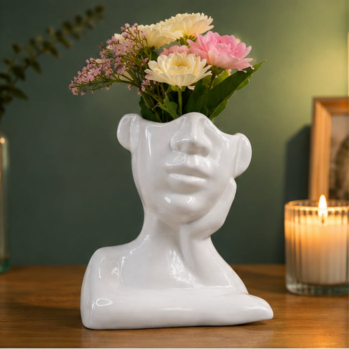 Ceramic Face Vase White Flower Vase for Decor Female Form Face Vase Art Vase -01