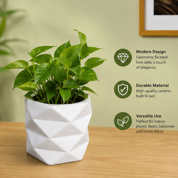 Geometric Faceted Planter – Modern White Ceramic Flower Pot for Indoor Plants, Desk, Balcony, and Home Decor (Plants Are Not Included)