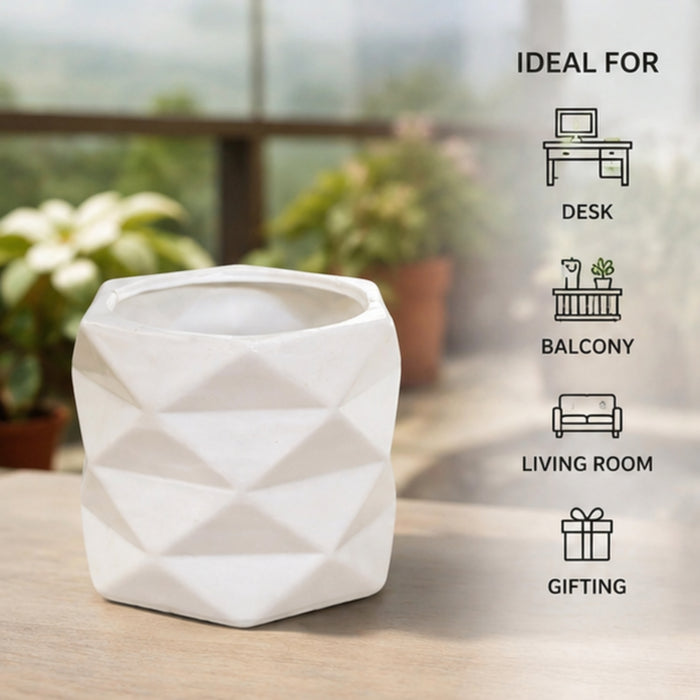 Geometric Faceted Planter – Modern White Ceramic Flower Pot for Indoor Plants, Desk, Balcony, and Home Decor (Plants Are Not Included)