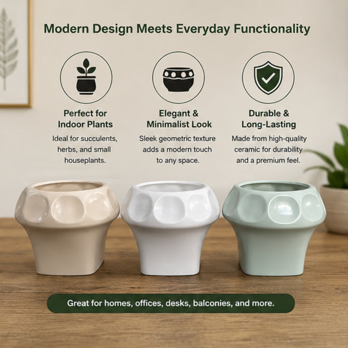 Modern Geometric Textured Planter Pots for Indoor Plants - Set of 3 (Plants Are Not Included)