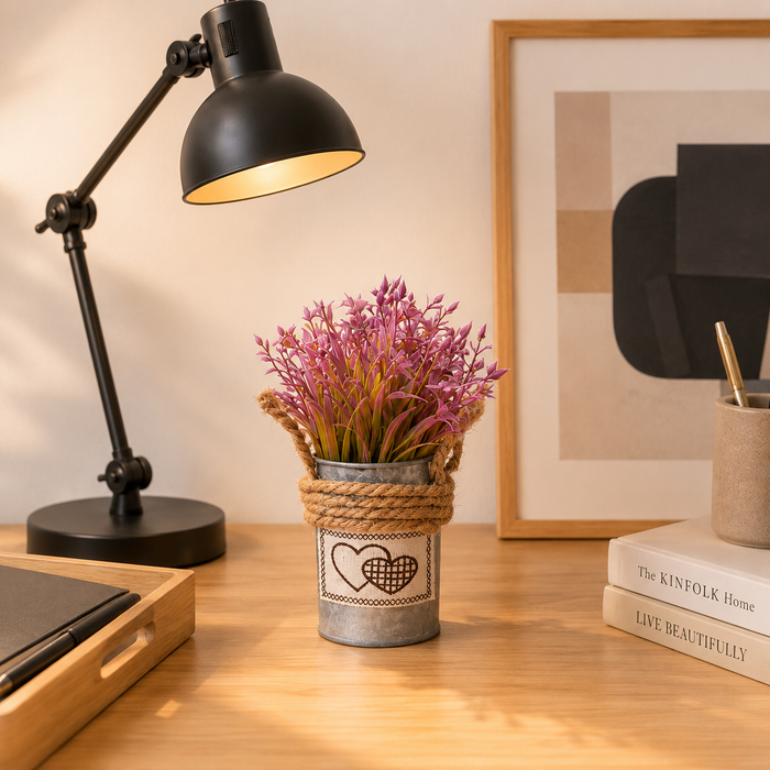 Metal Pot-Light Purple- with Artificial Plant Attached for Home Decor