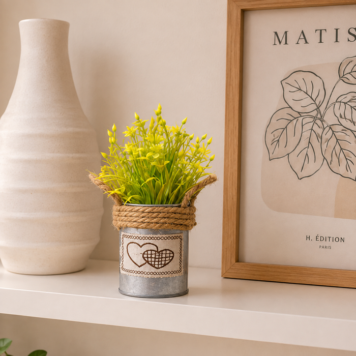 Metal Pot-Yellow-with Artificial Plant Attached for Home Decor