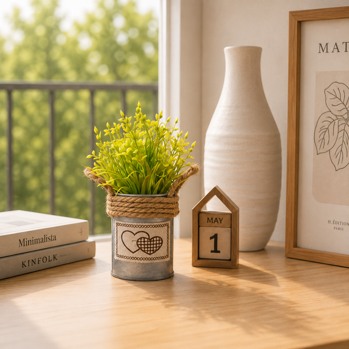 Metal Pot-Yellow-with Artificial Plant Attached for Home Decor