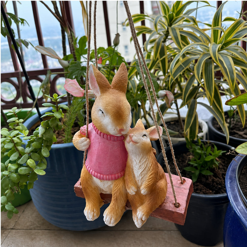 Hanging Garden Bunny Mother and Baby Duo on Swing – Whimsical Rabbit Statue
