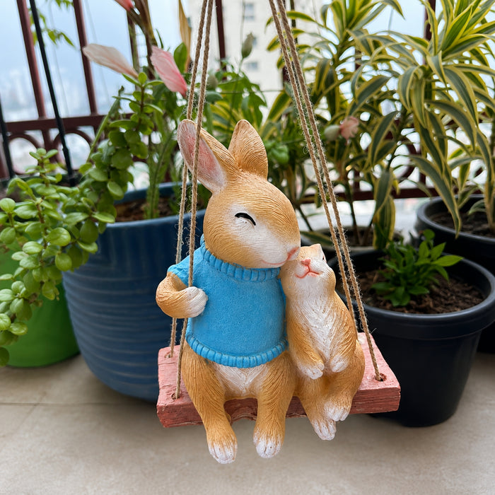 Hanging Garden Bunny Statue – Hand-Painted Rabbit Mother and Baby on Swing