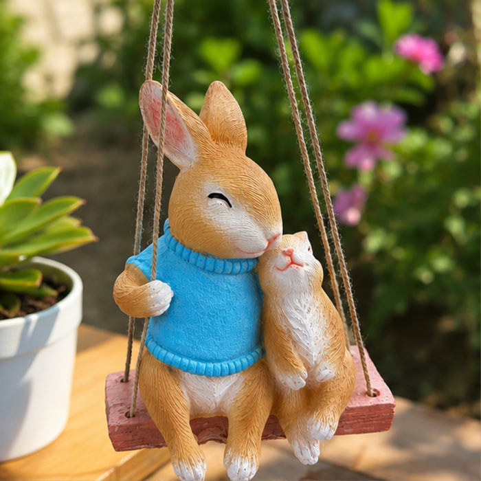 Hanging Garden Bunny Statue – Hand-Painted Rabbit Mother and Baby on Swing