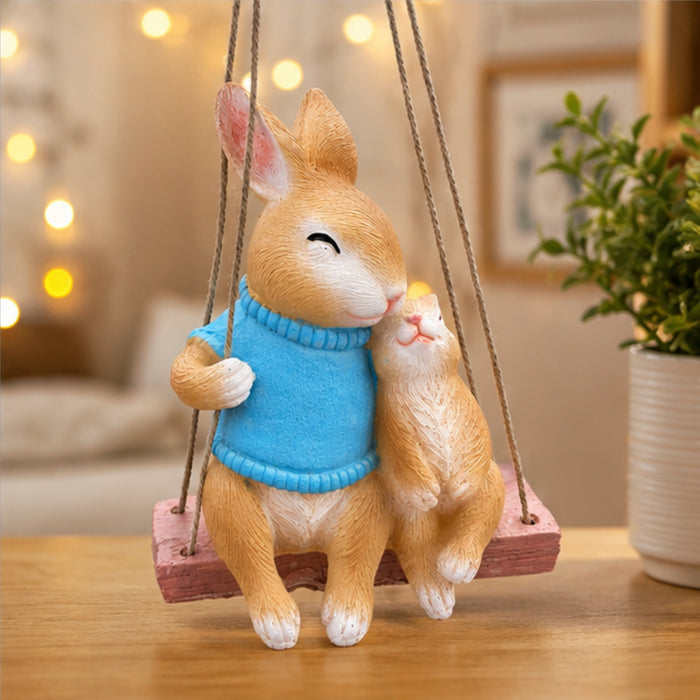 Hanging Garden Bunny Statue – Hand-Painted Rabbit Mother and Baby on Swing