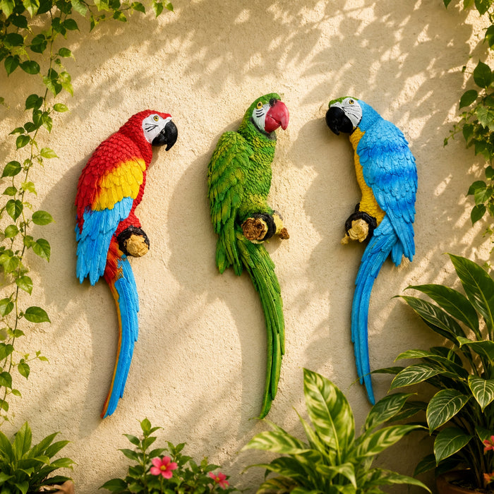 Set of 3 Tropical Parrot Wall Hanging Sculptures – Realistic Resin Macaw Figurines