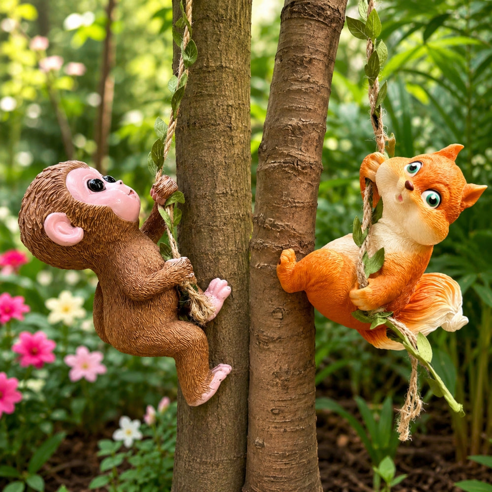 Cute Mini Hanging Garden Ornaments - Climbing Monkey & FoxTree Hugger (Set of 2)