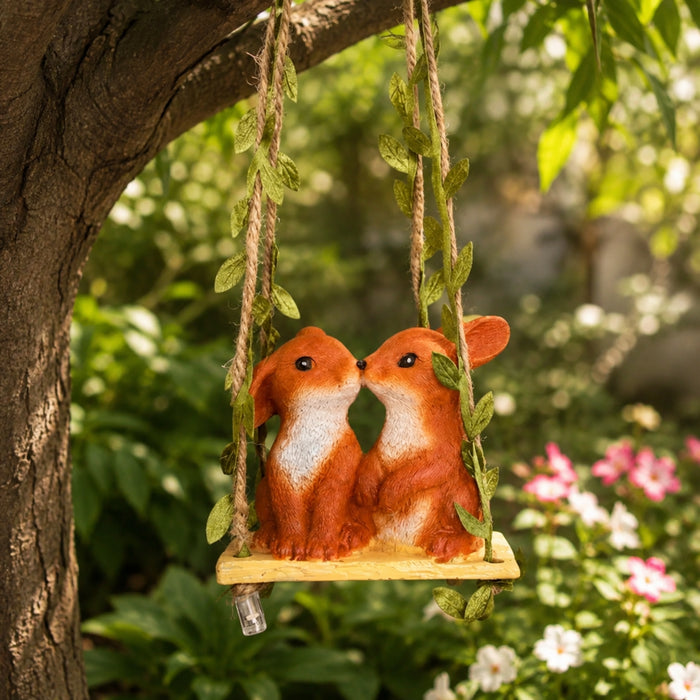 Romantic Kissing Bunnies on Mini Hanging Tree Swing