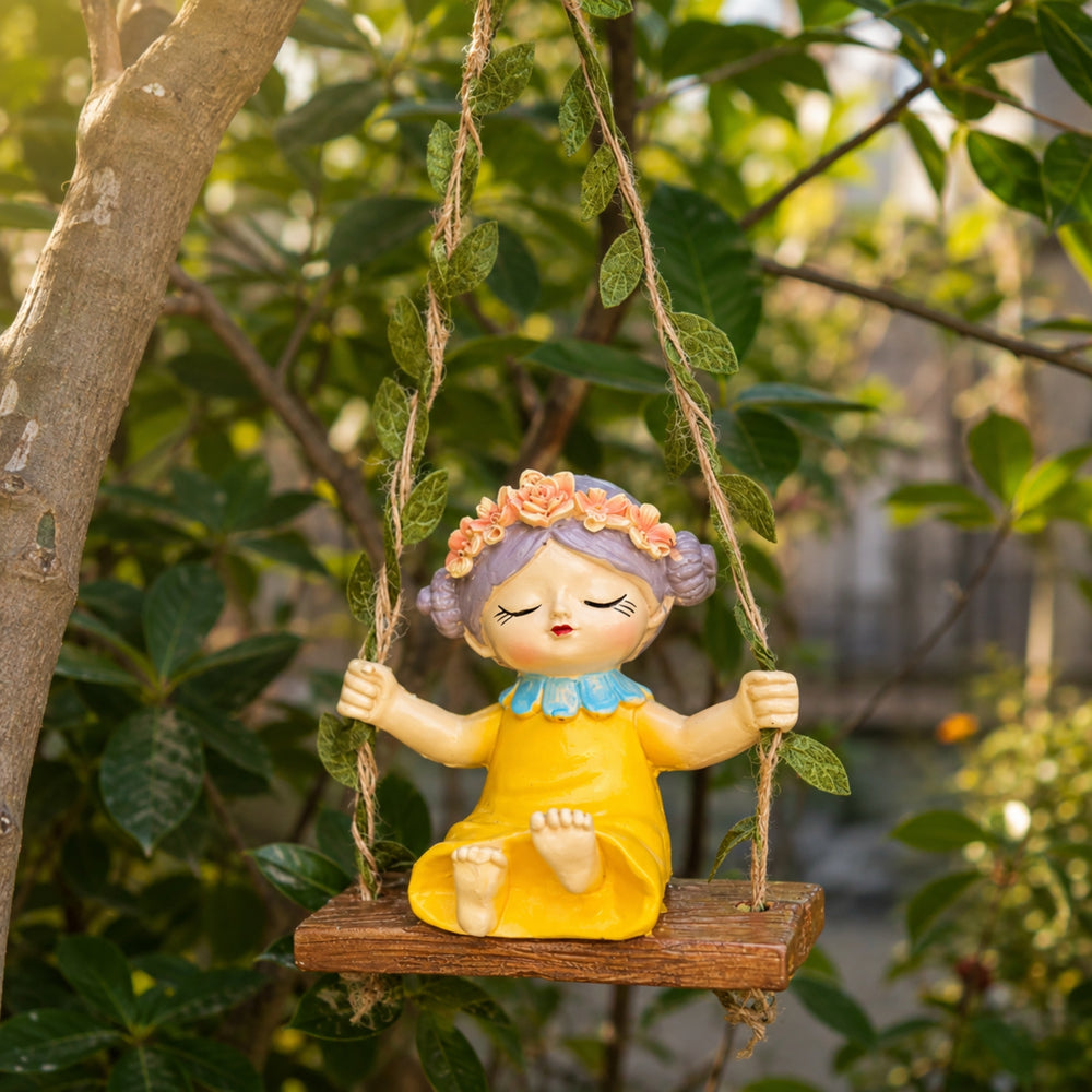 Whimsical Garden Fairy Mini Hanging  Girl on Swing (yellow)