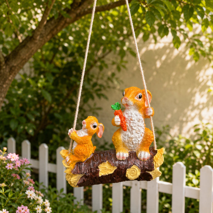 Hanging Garden Swing – Whimsical Rabbit & Squirrel Duo on Log with Carrot