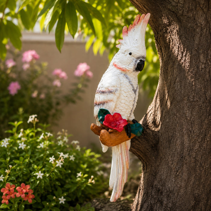 White Parrot Garden Statue on Perch with Rose Accent