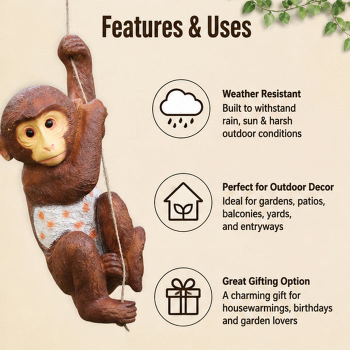 Hanging Monkey Garden Statue with Rope Outdoor Decor
