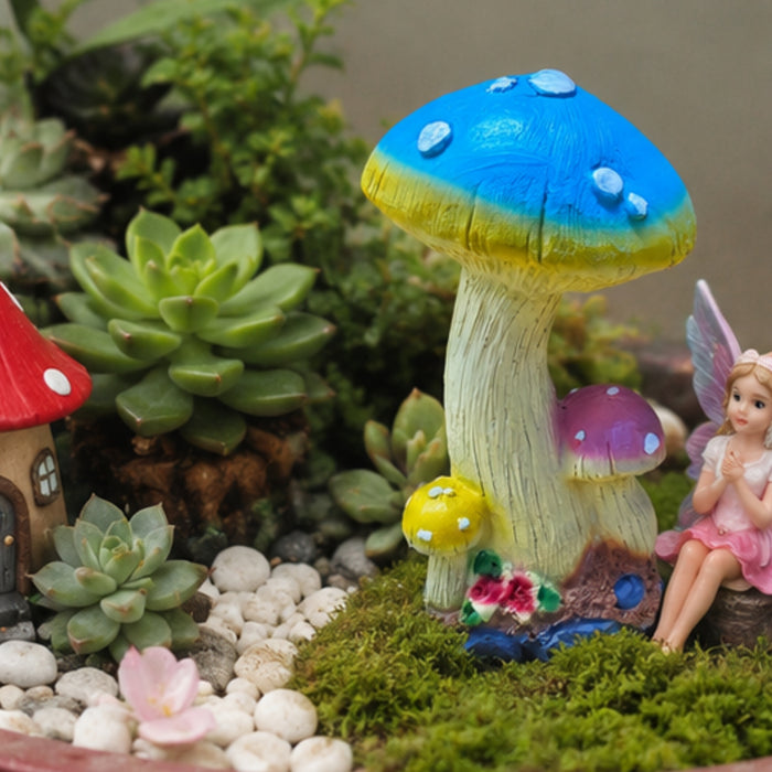 Trio Mushroom Garden Statue – Hand-Painted Resin Fairy Garden Decor