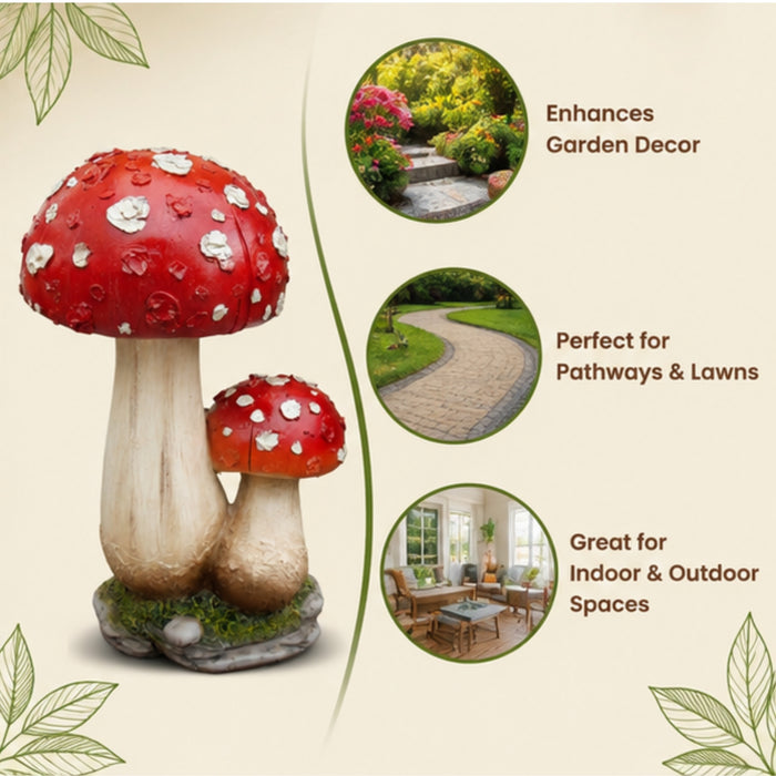 Handmade Ceramic Red Toadstool Mushroom Garden Statue, Twin Mushroom Decor