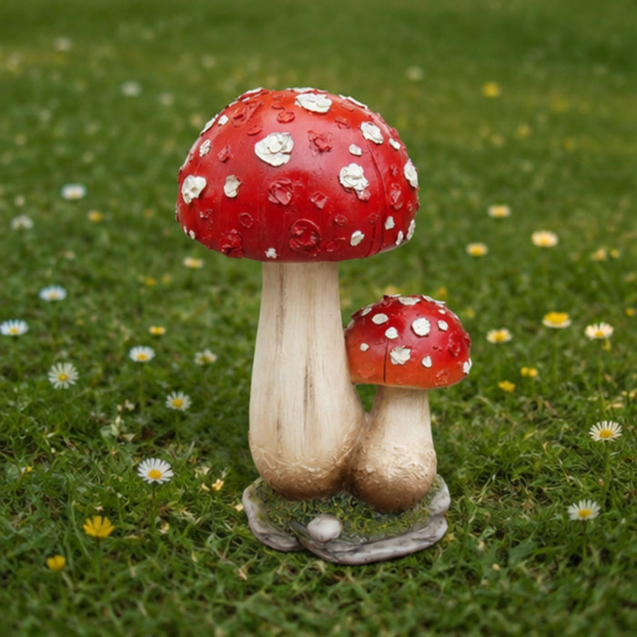 Handmade Ceramic Red Toadstool Mushroom Garden Statue, Twin Mushroom Decor