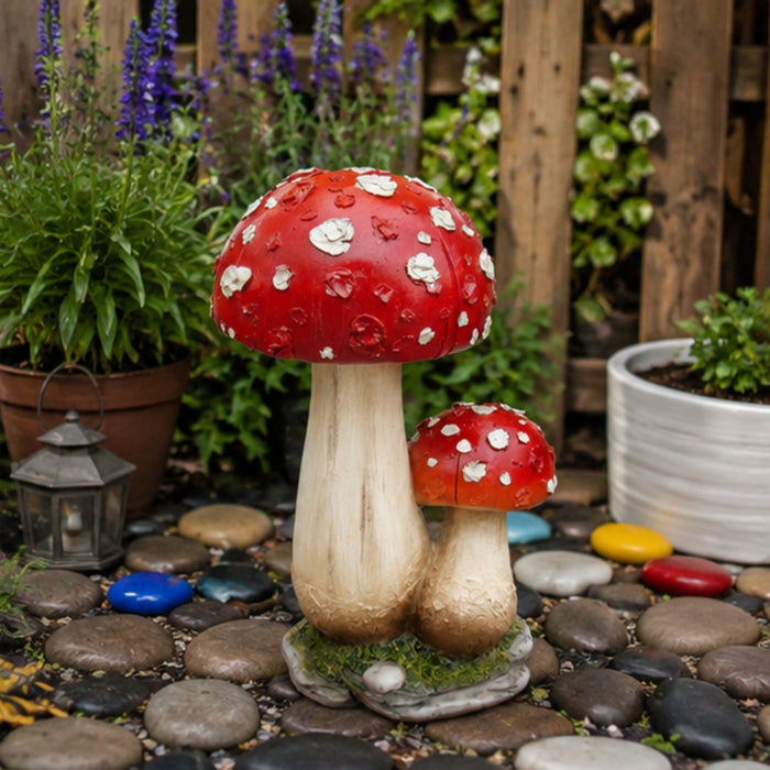 Handmade Ceramic Red Toadstool Mushroom Garden Statue, Twin Mushroom Decor