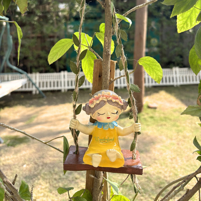 Whimsical Garden Fairy Girl on Swing – Hand-Painted Resin Hanging Decor with Leaf Vine Rope for Indoor/Outdoor Wall and Tree Ornament (yellow)