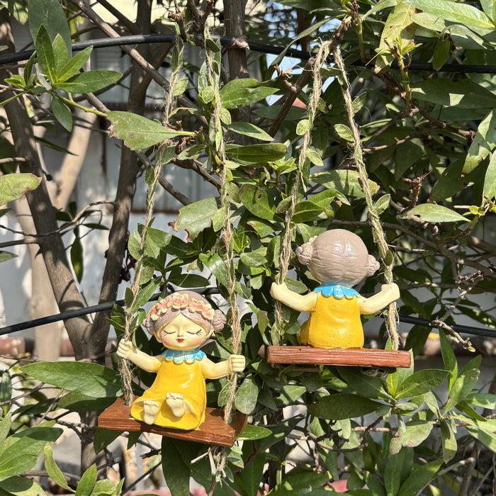 Set of 2 Hanging Garden Fairy Statues – Whimsical Girl on Swing Outdoor Wall Decor, Resin Tree Ornaments for Balcony, Patio, and Home Decoration(Yellow)