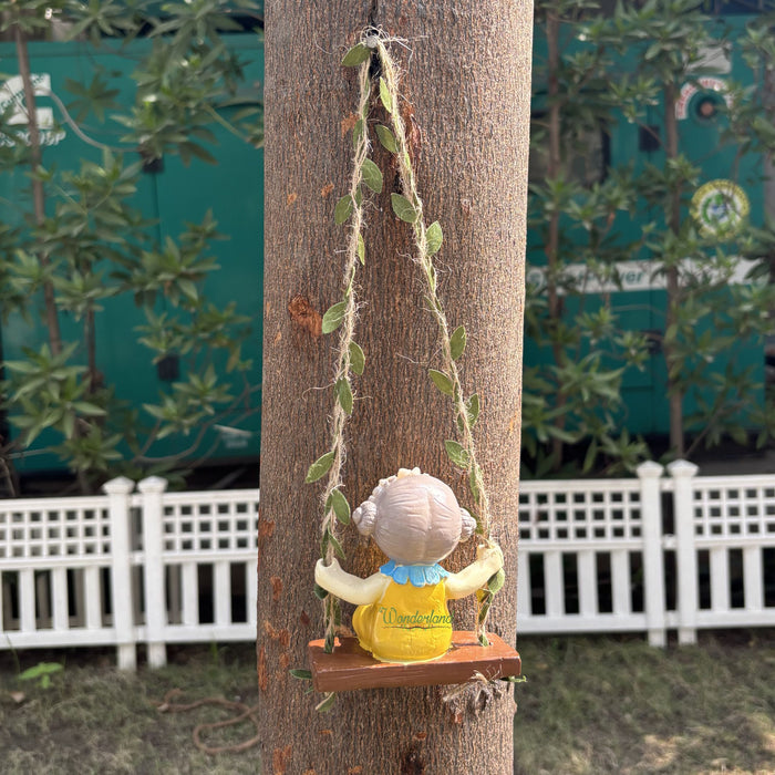 Set of 2 Hanging Garden Fairy Statues – Whimsical Girl on Swing Outdoor Wall Decor, Resin Tree Ornaments for Balcony, Patio, and Home Decoration(Yellow)