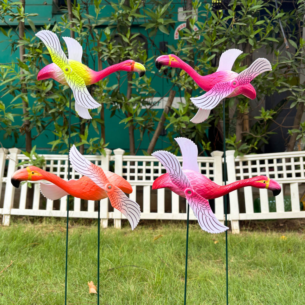 Decorative Flamingo Garden Sticks with Kinetic Spinning Wings (Set of 4) – Multicolor Waterproof Resin Pinwheel Stakes for Lawn, Balcony & Outdoor Plant Decor