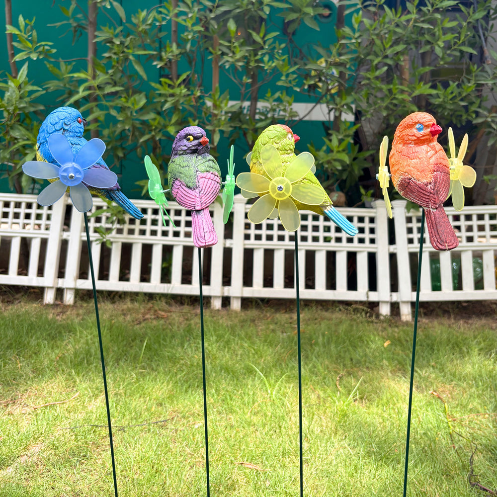 Decorative Bird Garden Sticks with Kinetic Spinning Wings (Set of 4) – Multicolor Waterproof Resin Pinwheel Stakes for Lawn, Balcony & Outdoor Plant Decor