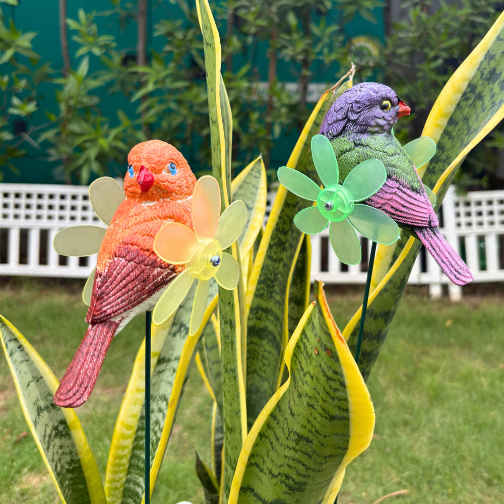 Decorative Bird Garden Sticks with Kinetic Spinning Wings (Set of 4) – Multicolor Waterproof Resin Pinwheel Stakes for Lawn, Balcony & Outdoor Plant Decor
