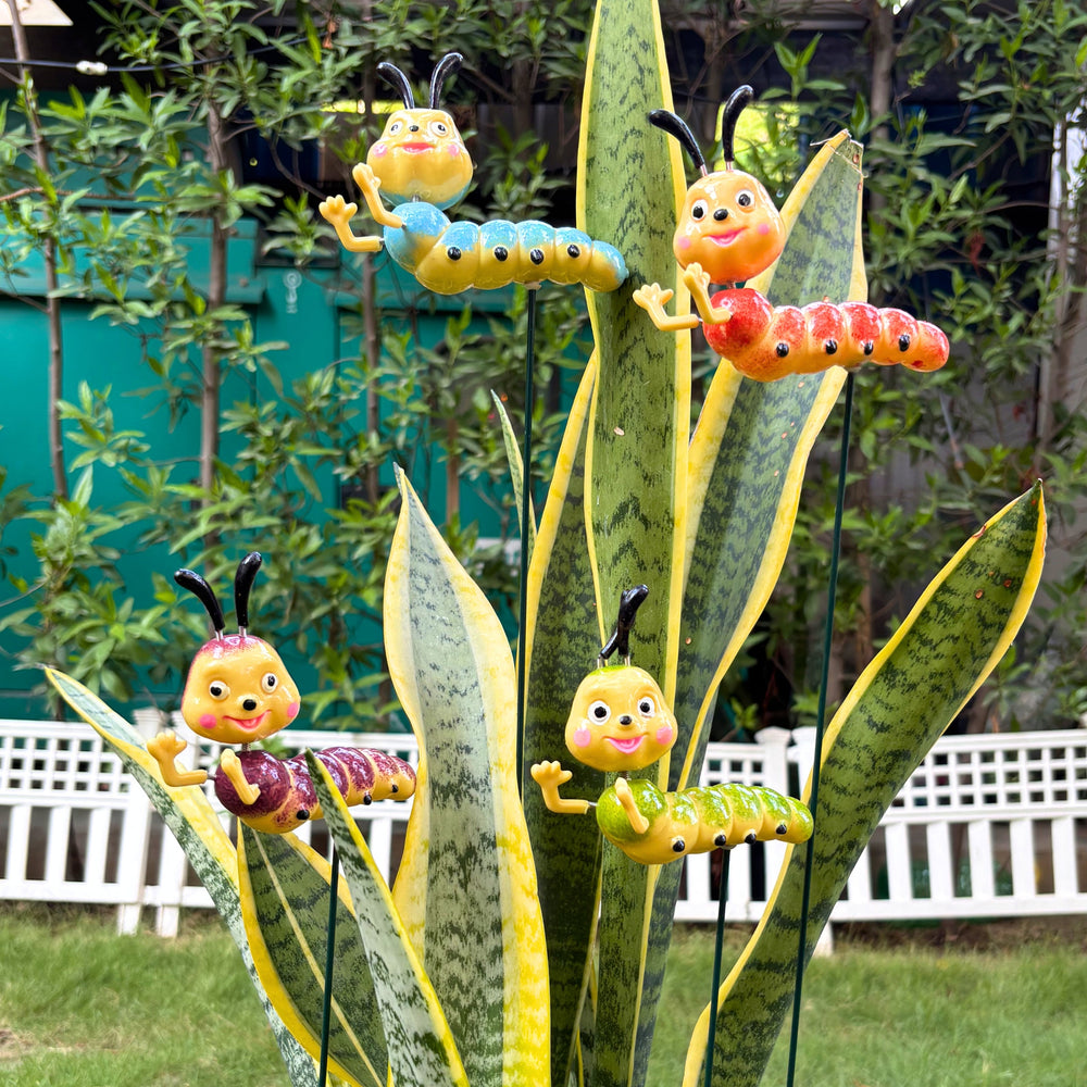 Decorative Caterpillar Garden Sticks for Plants & Planters (Set of 4) – Multicolor Waterproof Resin Cute Insect Stakes for Lawn, Balcony & Kids Fairy Garden