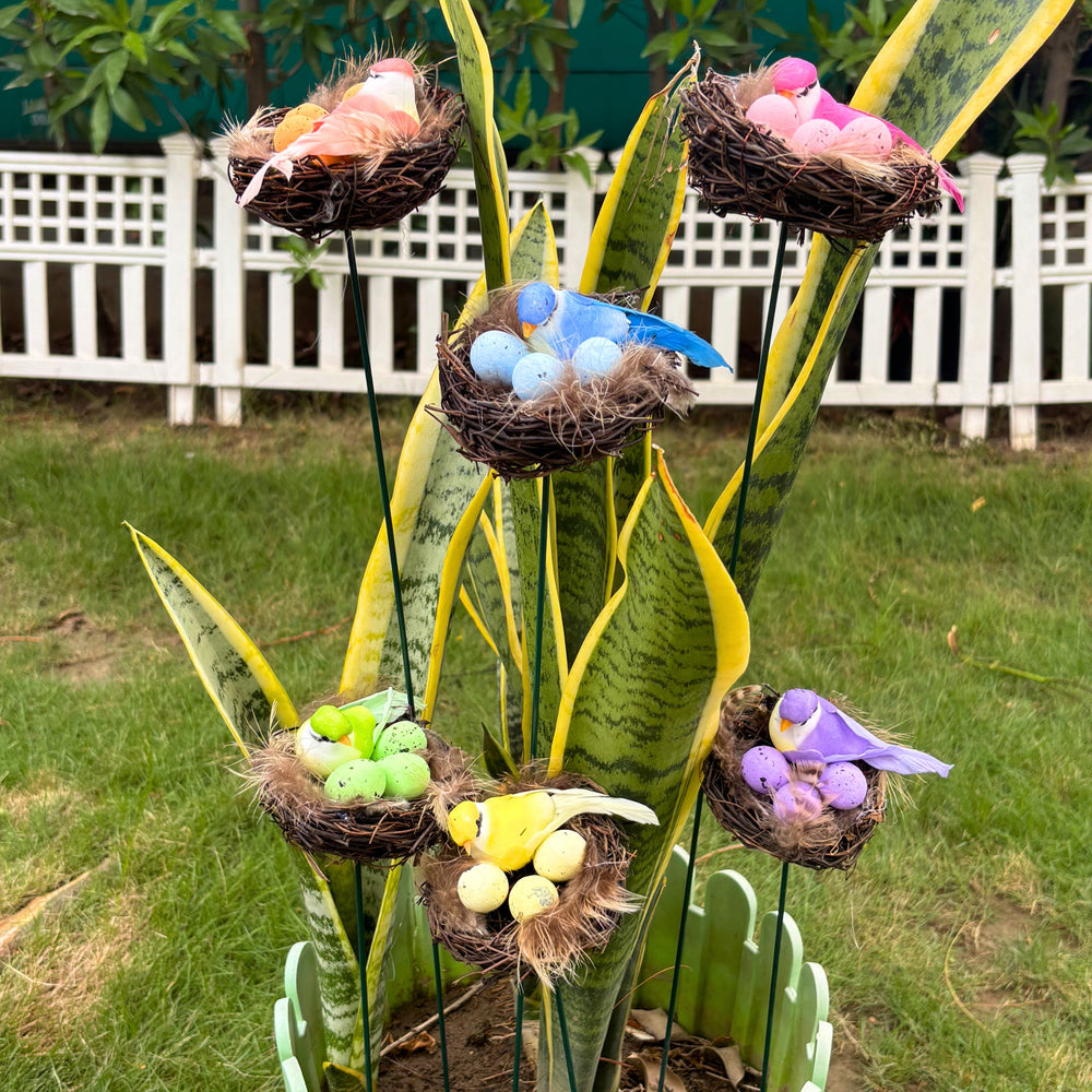 Decorative Bird Nest Garden Sticks for Plants & Planters (Set of 5) – Multicolor Artificial Birds with Eggs in Twig Nest Stakes for Lawn, Balcony & Outdoor Decor