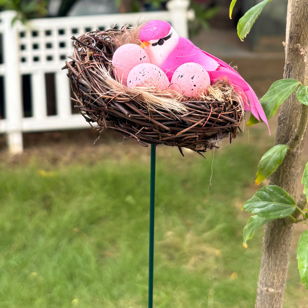 Decorative Bird Nest Garden Sticks for Plants & Planters (Set of 5) – Multicolor Artificial Birds with Eggs in Twig Nest Stakes for Lawn, Balcony & Outdoor Decor