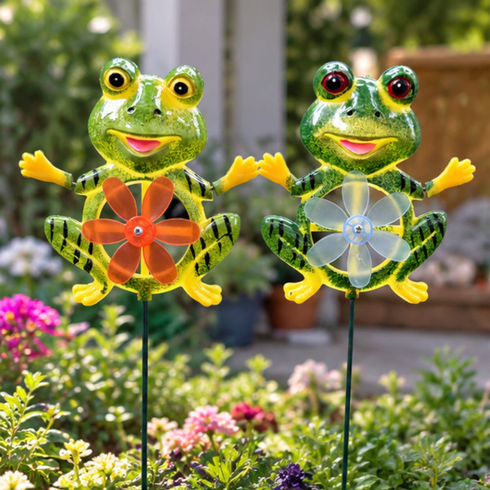 Decorative Frog Garden Stakes with Wind Spinner (Pack of 2) – Cute Metal Animal Plant Pot Stakes, Weather-Resistant Outdoor Lawn, Patio & Yard Decor