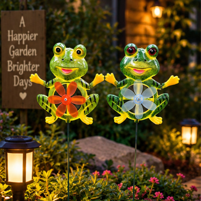 Decorative Frog Garden Stakes with Wind Spinner (Pack of 2) – Cute Metal Animal Plant Pot Stakes, Weather-Resistant Outdoor Lawn, Patio & Yard Decor