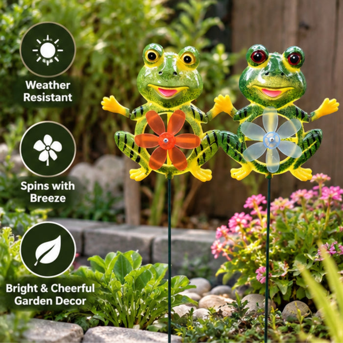 Decorative Frog Garden Stakes with Wind Spinner (Pack of 2) – Cute Metal Animal Plant Pot Stakes, Weather-Resistant Outdoor Lawn, Patio & Yard Decor