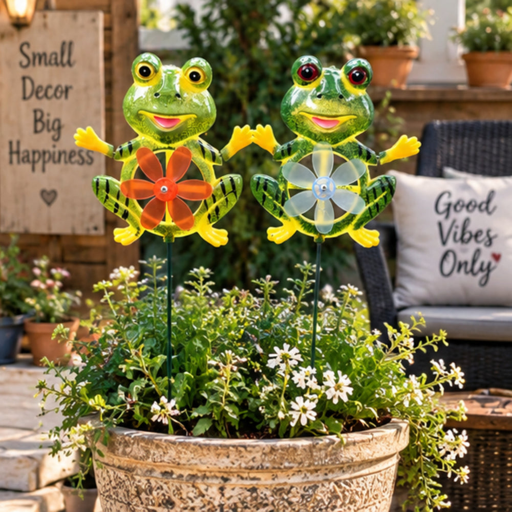 Decorative Frog Garden Stakes with Wind Spinner (Pack of 2) – Cute Metal Animal Plant Pot Stakes, Weather-Resistant Outdoor Lawn, Patio & Yard Decor