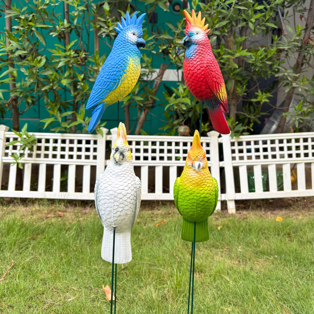 Decorative Bird Garden Stakes (Set of 4) – Colorful Cockatoo & Parrot Plant Pot Sticks, Weather-Resistant Resin Figurines for Outdoor Yard, Patio & Home Decor