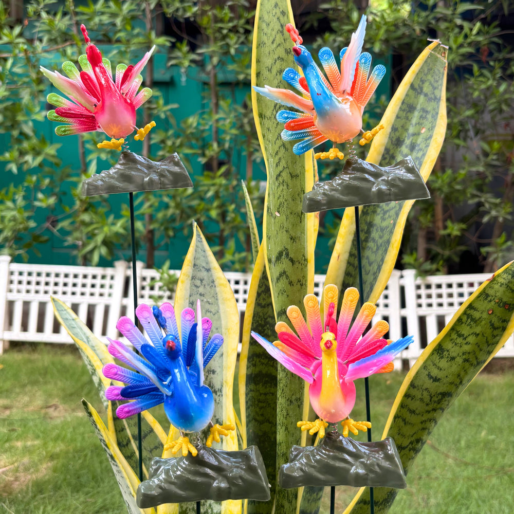Decorative Peacock Garden Sticks for Plants & Planters (Set of 4) – Multicolor Waterproof Resin Fan-Tailed Birds for Lawn, Balcony, Flower Pot & Outdoor Home Decor