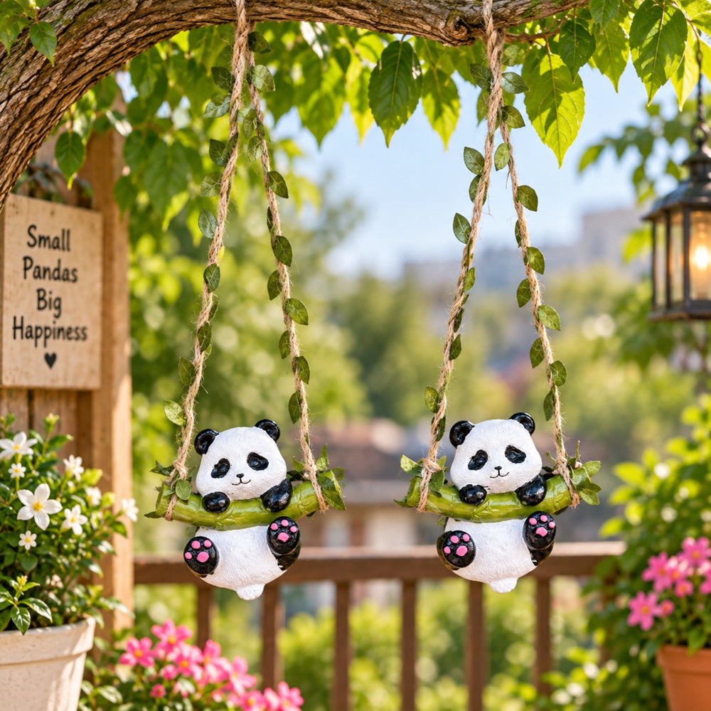 Set of 2 Adorable Mini Hanging Panda Figurines – Hand-Painted Resin Panda on Bamboo Swing