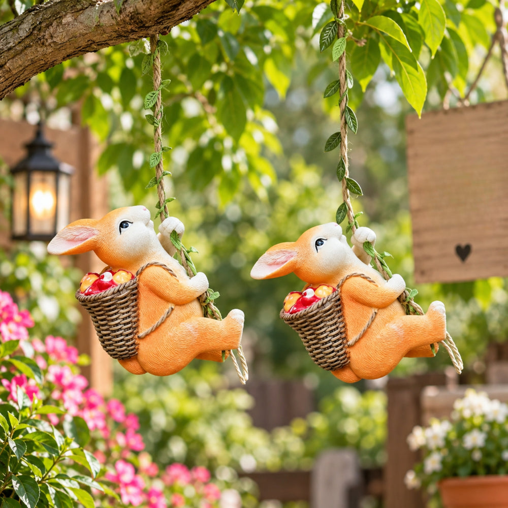 Hanging Garden Bunny Statue with  Basket – Set of 2 Rabbit