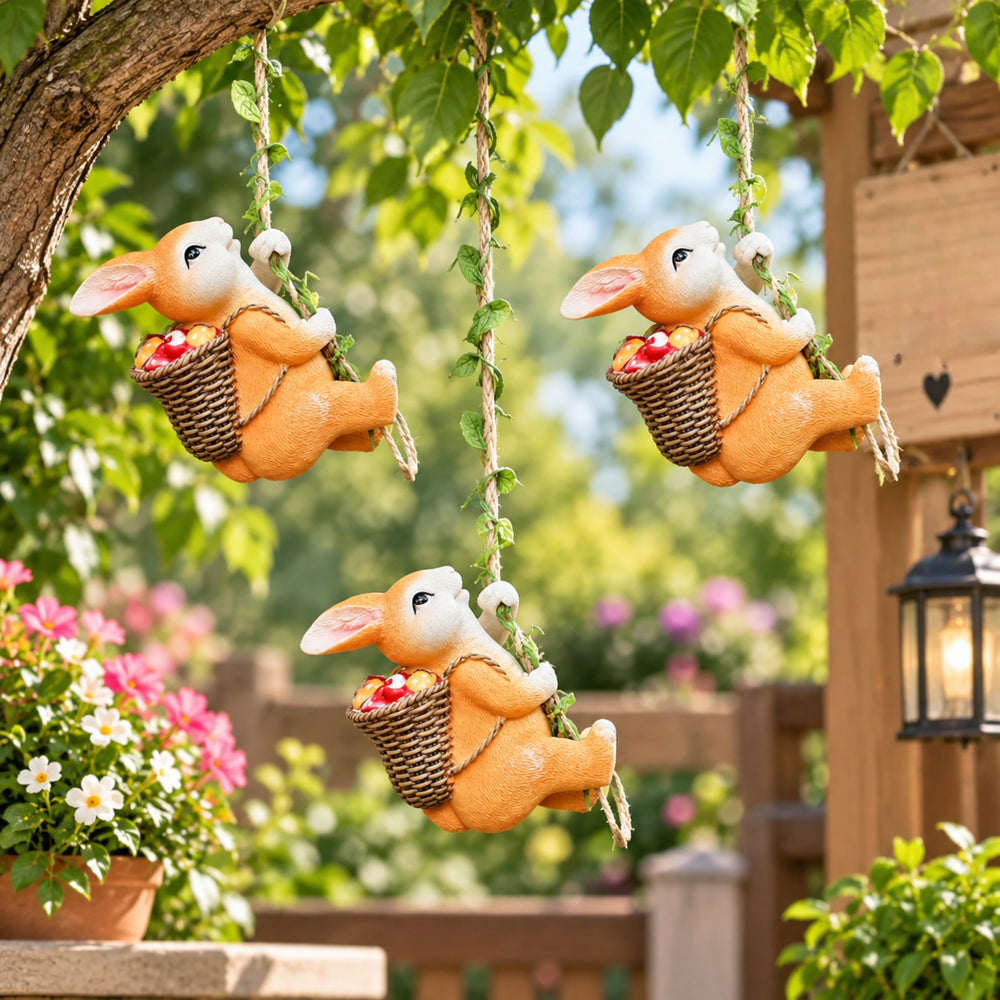 Hanging Garden Bunny Statue with Fruit Basket – Set of 3 Whimsical Rabbit