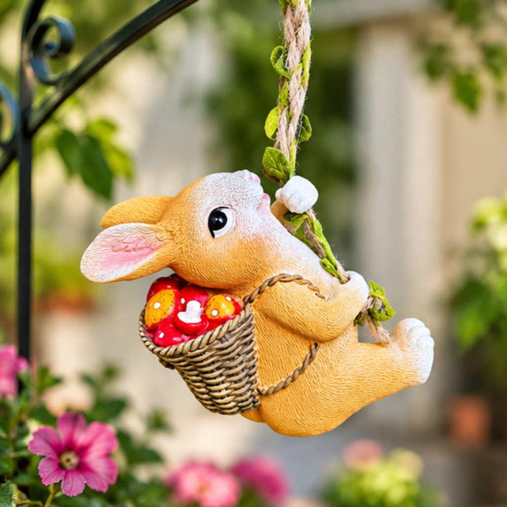 Swinging Bunny Rabbit Hanging Garden Ornament with Basket of Fruit/Mushrooms
