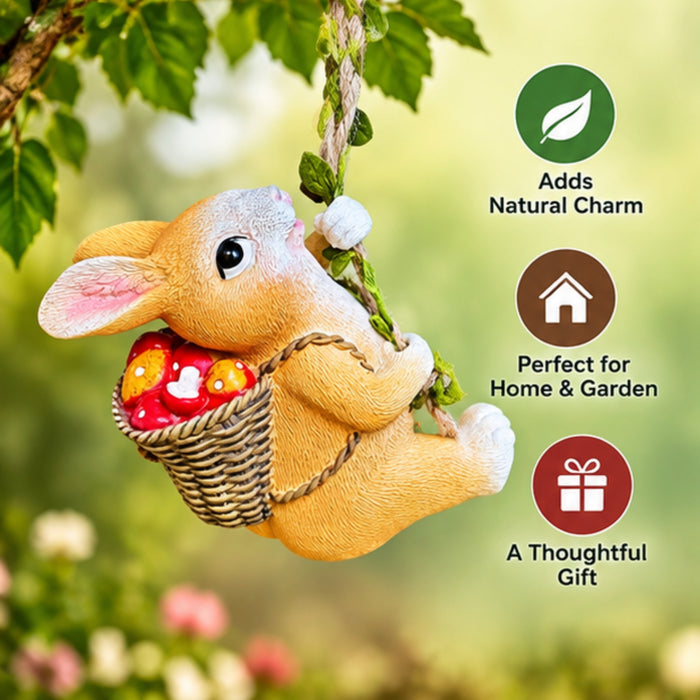 Swinging Bunny Rabbit Hanging Garden Ornament with Basket of Fruit/Mushrooms