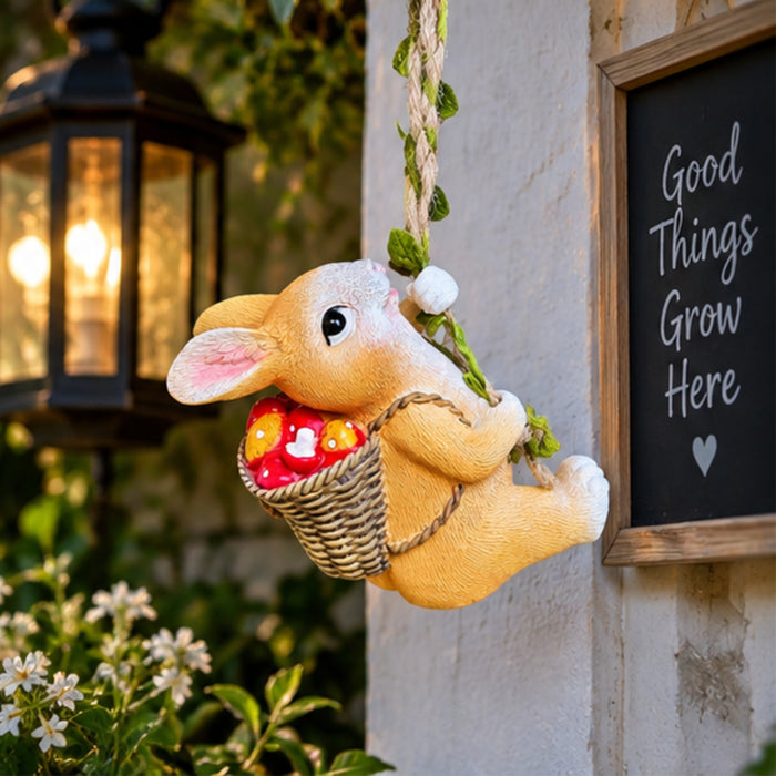 Swinging Bunny Rabbit Hanging Garden Ornament with Basket of Fruit/Mushrooms