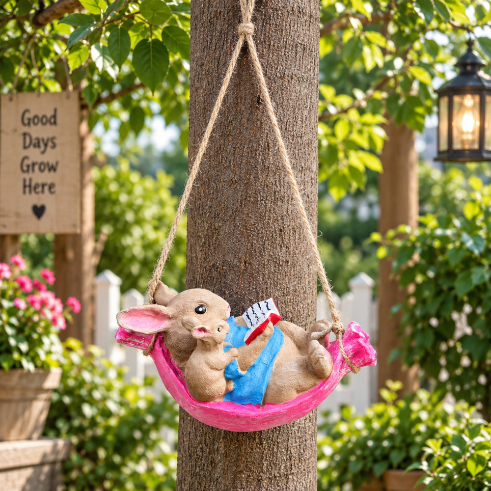 Hanging Bunny and Mouse in Hammock Garden Decoration