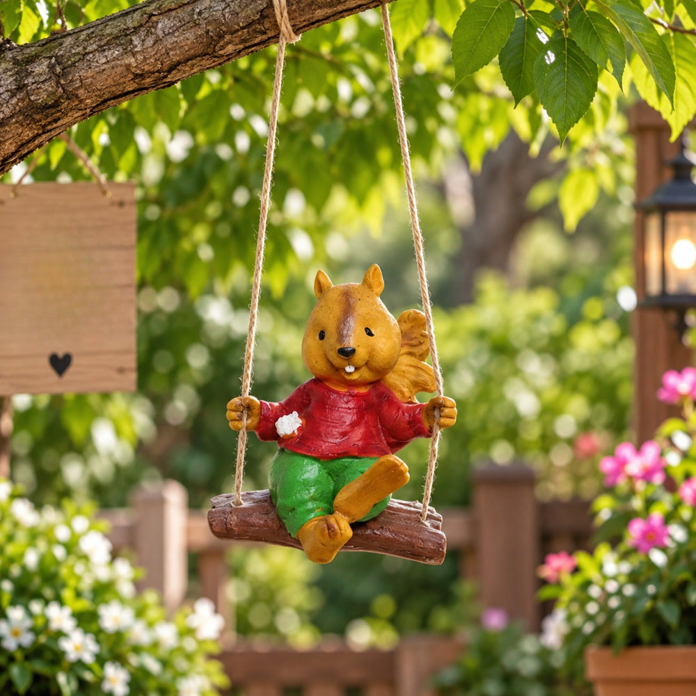 Resin Hanging Boy Squirrel Statue for Garden Decor