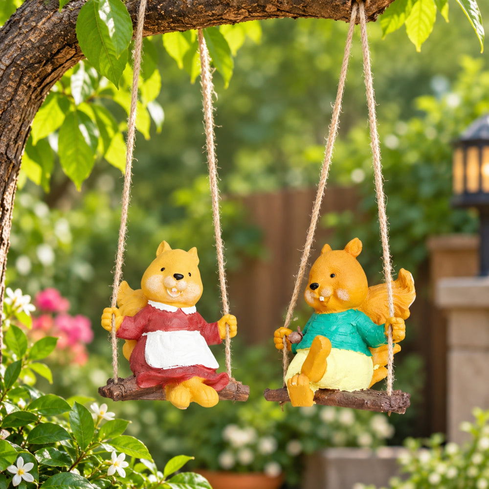 Set of 2 Hanging Squirrel Boy and Girl Swinging Statue for Garden Decoration (Brown)