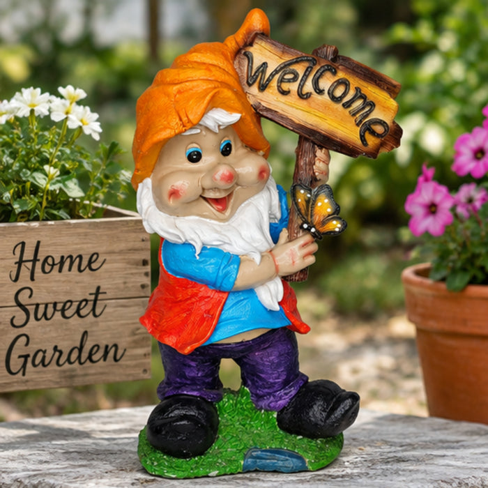 Charming Welcome Garden Gnome Statue with Sign – Outdoor Resin Entryway Decor