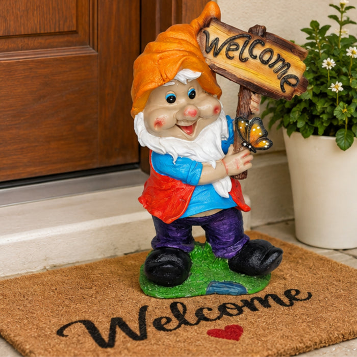 Charming Welcome Garden Gnome Statue with Sign – Outdoor Resin Entryway Decor