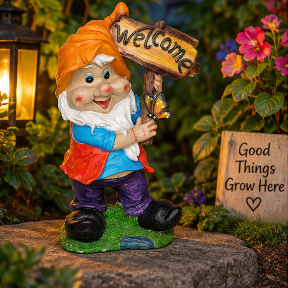 Charming Welcome Garden Gnome Statue with Sign – Outdoor Resin Entryway Decor